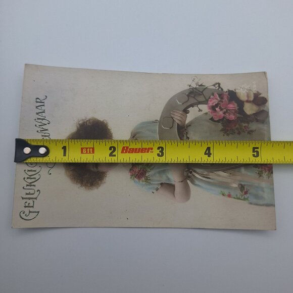 Antique Gelukkig Nieuwjaar Postcard Hand Colored New Year Horseshoe Girl Dutch - Picture 7 of 8